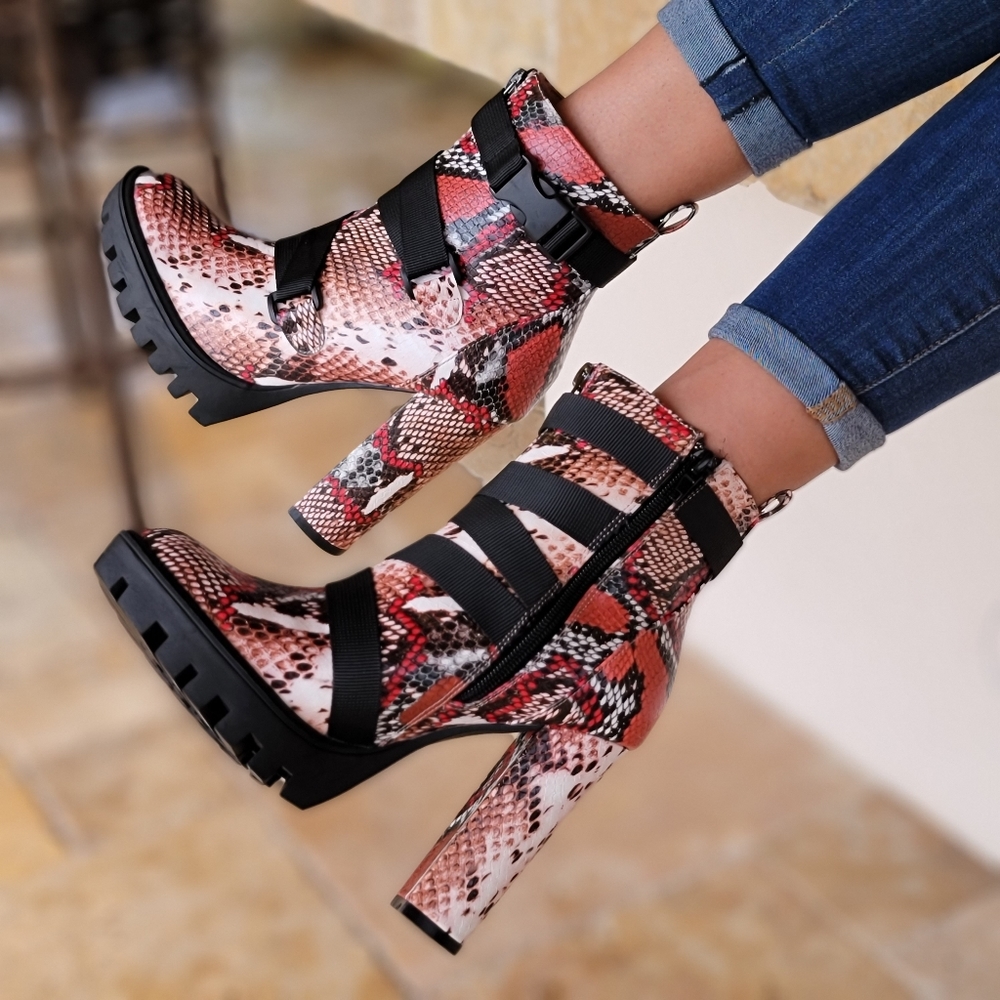 Women's Platform Ankle Boots Chunky Heel Boots Snake Color - Picture 2 of 6